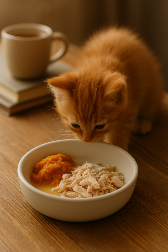 A bowl of homemade chicken and pumpkin cat food, featuring shredded cooked chicken, smooth pumpkin puree, and a small bottle of fish oil beside it, with a curious orange tabby kitten nearby.