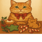 Adorable cat wearing a festive holiday scarf surrounded by homemade cat treats shaped like stars, snowflakes, and hearts on a wooden table with Christmas decorations in the background