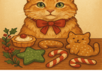 Adorable cat wearing a festive holiday scarf surrounded by homemade cat treats shaped like stars, snowflakes, and hearts on a wooden table with Christmas decorations in the background