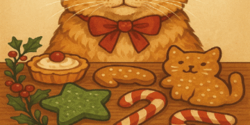 Adorable cat wearing a festive holiday scarf surrounded by homemade cat treats shaped like stars, snowflakes, and hearts on a wooden table with Christmas decorations in the background