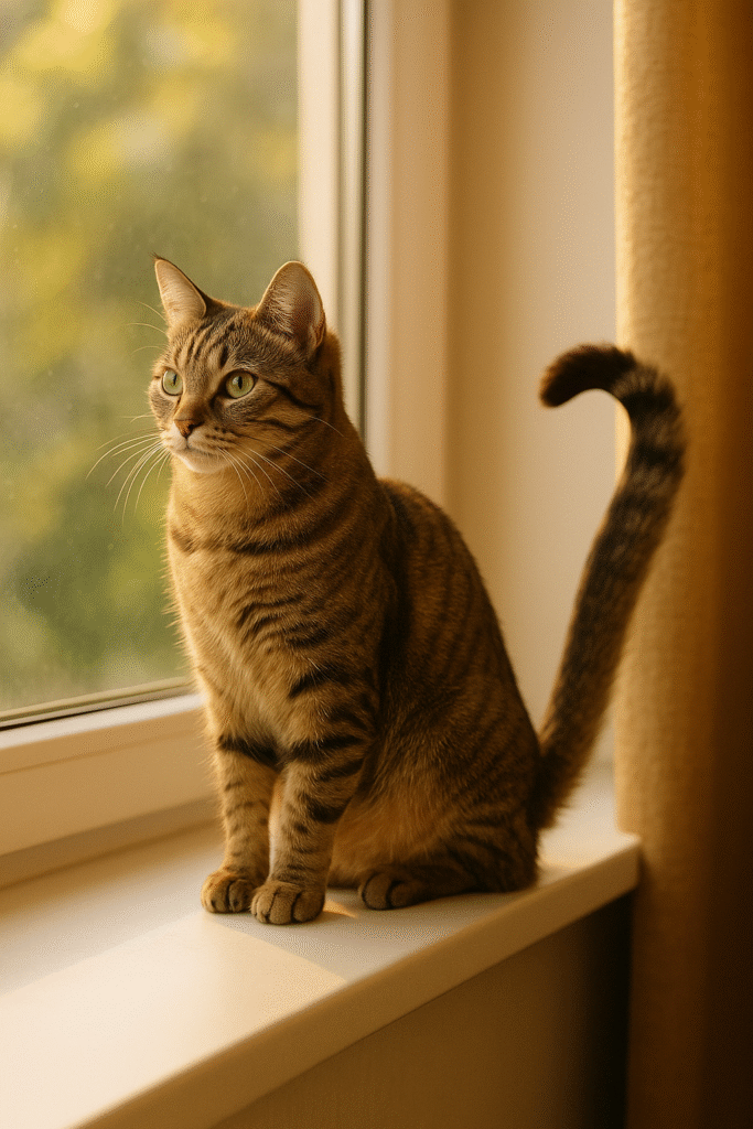 A cat with its tail upright and gently curved at the tip, sitting confidently on a sunny windowsill.

