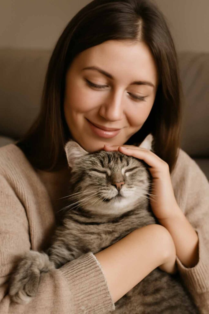 A young woman with chestnut-brown hair gently holds a relaxed grey tabby cat in her arms, both sharing a serene moment. The woman smiles softly as she lovingly pets the cat, which appears content and peaceful. The warm, soft lighting and blurred background create a calming atmosphere, emphasizing the bond between the two.