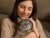 Young woman with chestnut-brown hair smiling while holding a peaceful grey tabby cat, both sharing a calming moment together. The warm lighting and neutral-toned background enhance the serene bond between the two, making this image ideal for illustrating how cats help relieve stress and improve mental well-being.